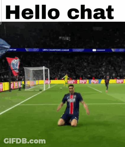 A Soccer Player Is Kneeling On The Field With The Words Hello Chat Behind Him GIF