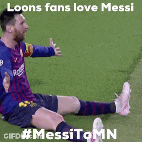 A Soccer Player Is Laying On The Ground With His Legs Crossed And A Caption That Says Loons Fans Love Messi . GIF