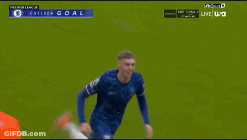 A Soccer Player Is Running On A Field With The Words Chelsea Goal On The Top GIF