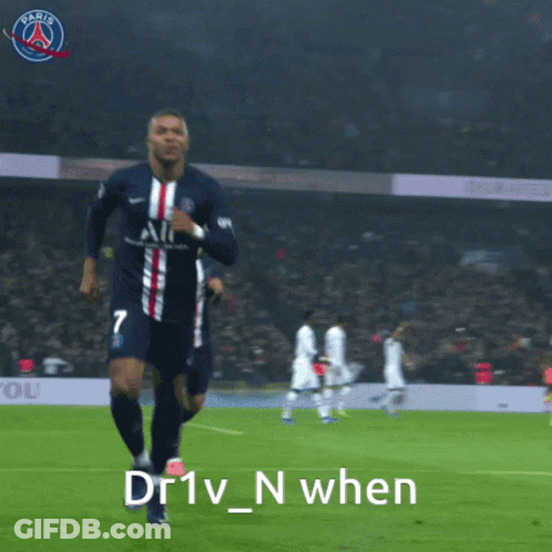 A Soccer Player Is Running On A Field With The Words Dr1v_n When Below Him GIF