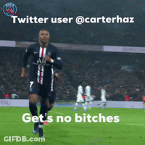 A Soccer Player Is Running On A Field With The Words Get 'S No Bitches On The Bottom GIF