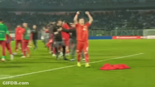 A Soccer Player Is Standing On The Field With His Hands In The Air . GIF