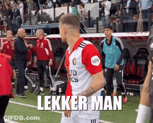 A Soccer Player Is Walking On The Field With The Words Lekker Man Written On The Bottom GIF