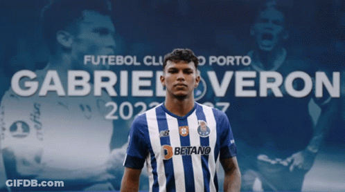 A Soccer Player Named Gabriel Veron Stands In Front Of A Poster GIF