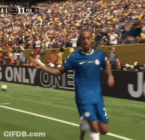 A Soccer Player On A Field With A Sign That Says Only One In The Background GIF