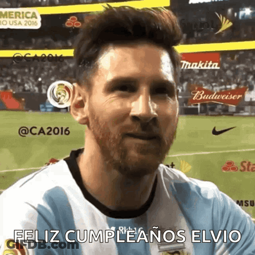 A Soccer Player Says Feliz Cumpleanos Elvio In Front Of A Field GIF