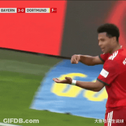 A Soccer Player Stands In Front Of A Scoreboard That Says Bayern 3-0 Dortmund On It GIF
