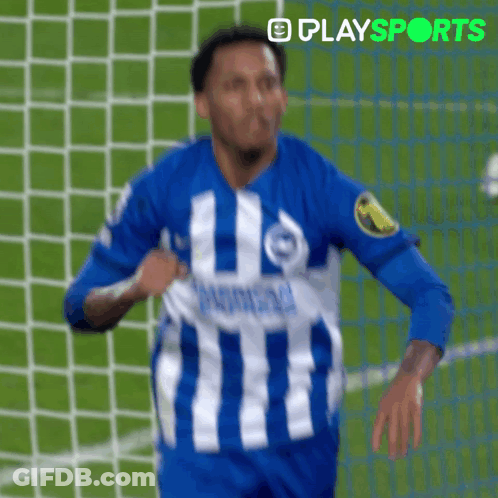A Soccer Player Wearing A Blue And White Striped Jersey With The Word Playsports On The Bottom Left GIF