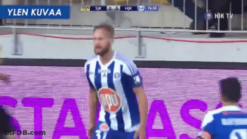 A Soccer Player Wearing A Blue And White Striped Shirt With The Number 27 On It GIF