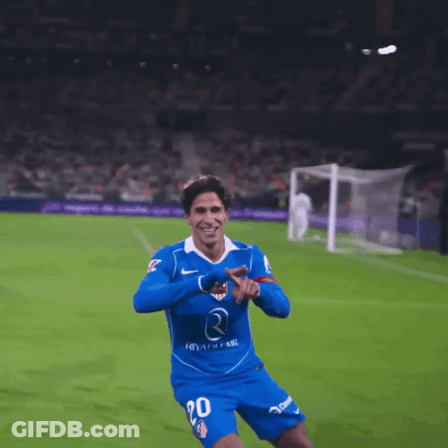 A Soccer Player Wearing A Blue Shirt That Says ' Radh Air ' On It GIF