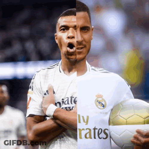 A Soccer Player Wearing A Fly Emirates Jersey Holds A Ball GIF