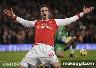A Soccer Player Wearing A Fly Emirates Jersey Is Celebrating GIF