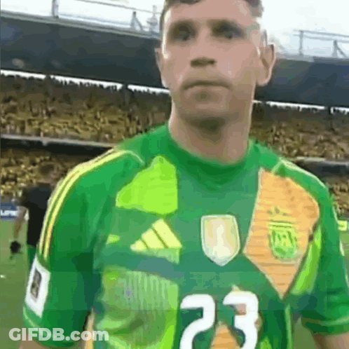 A Soccer Player Wearing A Green And Yellow Jersey With The Number 23 On It GIF