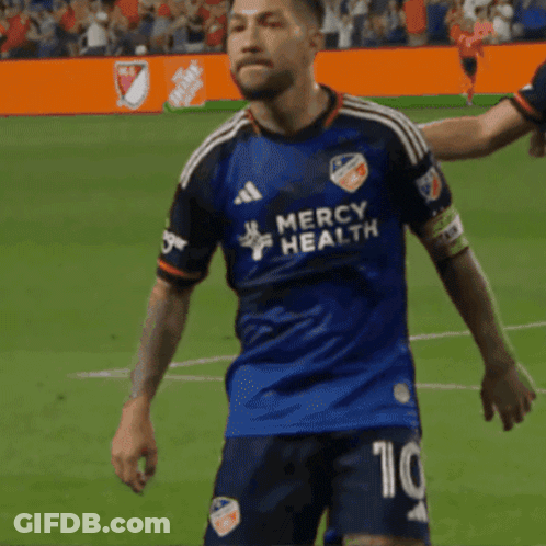 A Soccer Player Wearing A Jersey That Says Mercy Health On It GIF
