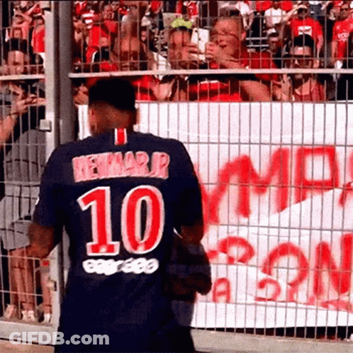 A Soccer Player Wearing A Jersey With The Number 10 On It Is Standing In Front Of A Crowd Of People . GIF