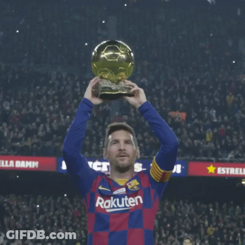 A Soccer Player Wearing A Number 10 Jersey Holds Up A Golden Ball GIF