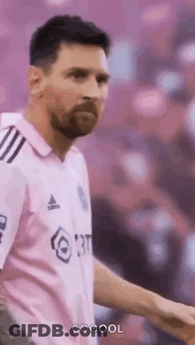 A Soccer Player Wearing A Pink Shirt Is Standing On A Field . GIF