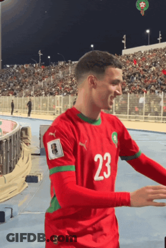 A Soccer Player Wearing A Red And Green Jersey With The Number 23 On It GIF