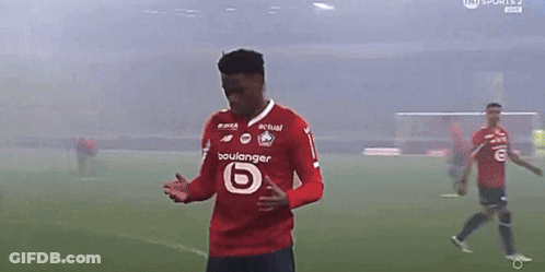 A Soccer Player Wearing A Red Shirt That Says Boulanger On It GIF