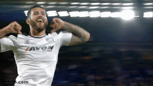 A Soccer Player Wearing A White Shirt That Says Avon GIF