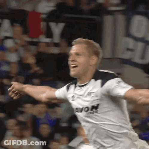 A Soccer Player Wearing A White Shirt With Avon Written On It GIF