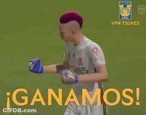 A Soccer Player Wearing A White Shirt With The Word Tigres On It Is Waving His Hands In The Air . GIF