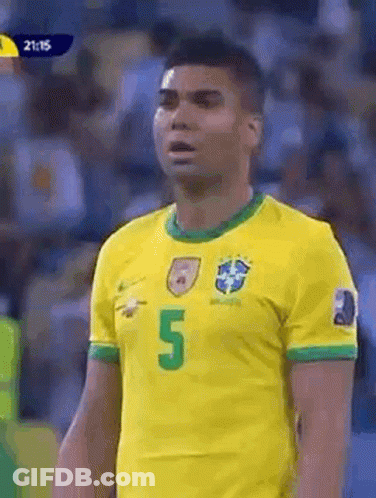 A Soccer Player Wearing A Yellow And Green Jersey With The Number 5 On It Is Standing In Front Of A Crowd . GIF
