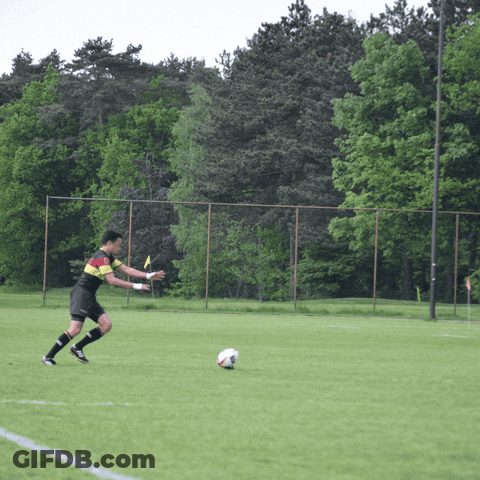 A Soccer Player Wearing A Yellow And Red Jersey Kicks The Ball GIF