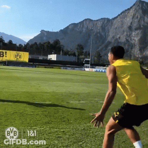 A Soccer Player Wearing A Yellow Vest With The Bvb Logo On It GIF
