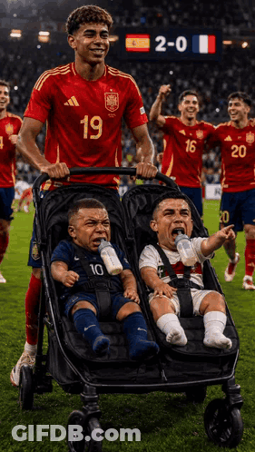 A Soccer Player With The Number 19 On His Jersey Pushes A Stroller With Two Babies In It GIF