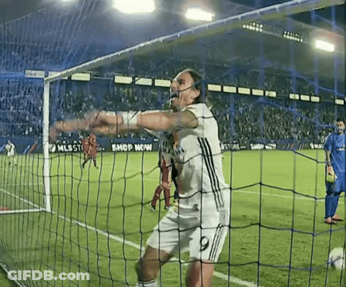A Soccer Player With The Number 9 On His Jersey Stands In Front Of A Net GIF