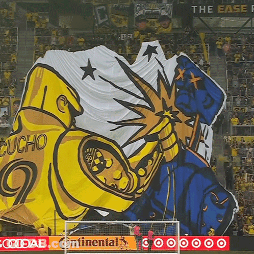 A Soccer Stadium With A Banner That Says " Cucho " On It GIF