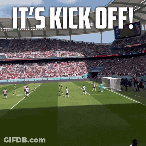 A Soccer Stadium With The Words It 'S Kick Off GIF