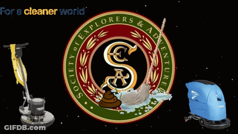 A Society Of Explorers And Adventure Logo With A Mop In The Middle GIF
