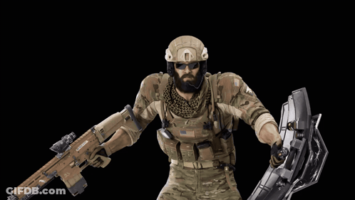 A Soldier Holding A Gun And A Shield With A Y On It GIF