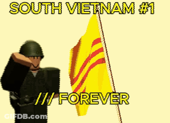 A Soldier Holding A Yellow Flag With The Words South Vietnam # 1 Forever Below It GIF