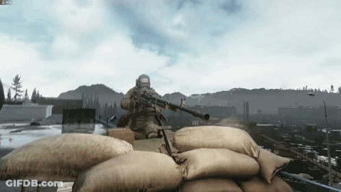 A Soldier In A Video Game Is Holding A Rifle And Wearing A Helmet That Says Us Army GIF