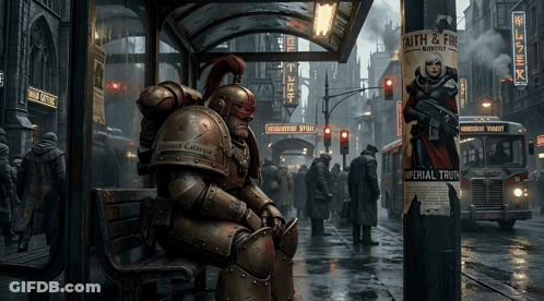 Soldier Sitting On Bench In Front Of Truth And Fire Sign GIF