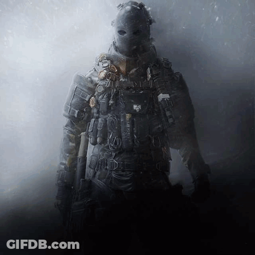 A Soldier Wearing A Gas Mask Is Holding A Gun In The Fog GIF