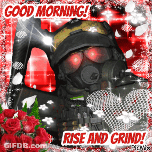 A Soldier Wearing A Gas Mask Says Good Morning GIF