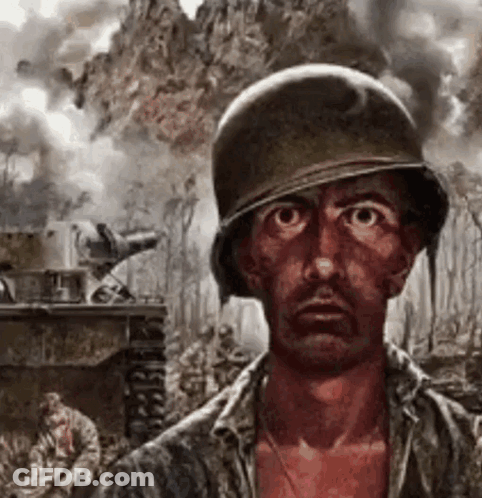 A Soldier Wearing A Helmet Is Standing In Front Of A Tank In A Painting . GIF