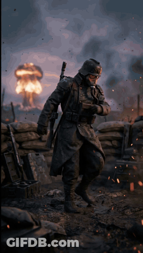 Soldier With Gas Mask In Front Of Nuclear Explosion GIF