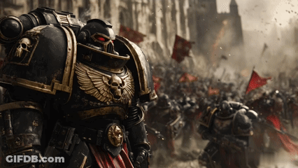 Soldier With Skull Chest Stands Before Crowd GIF