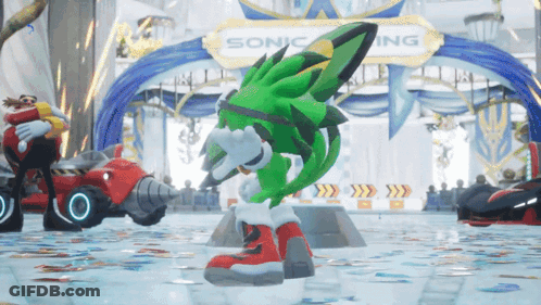 A Sonic The Hedgehog Is Standing In Front Of A Sign That Says Sonic GIF