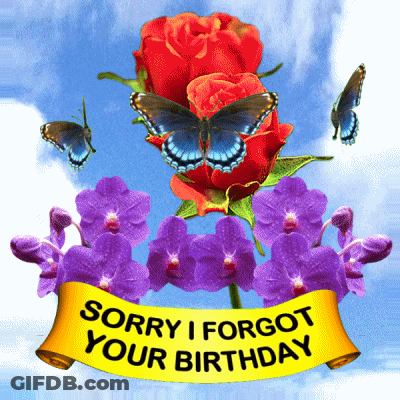 A Sorry I Forgot Your Birthday Sign With Butterflies And Flowers GIF
