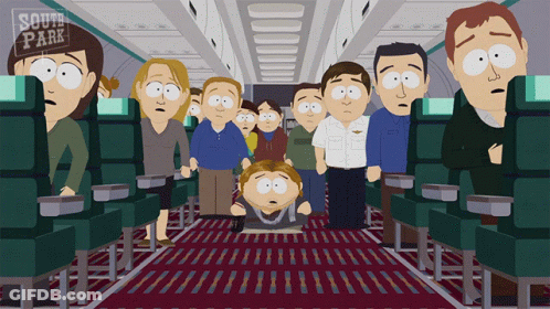 A South Park Cartoon Shows A Group Of People On An Airplane GIF