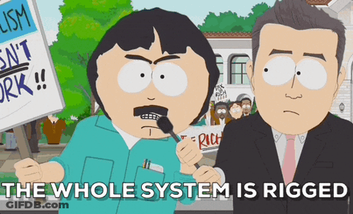 A South Park Cartoon Shows A Man Holding A Sign That Says " Ism Is N't Work " GIF