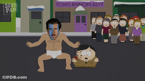 A South Park Cartoon Shows A Man In Underwear Standing In Front Of A Building That Says Tom 'S Rhinoplasty GIF
