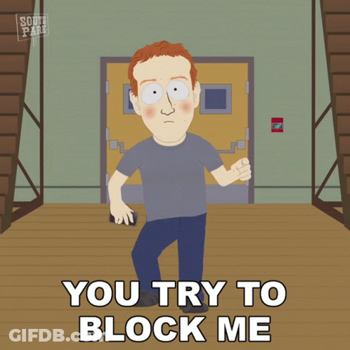 A South Park Cartoon Shows A Man Standing In Front Of A Door And Says You Try To Block Me GIF