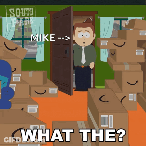 A South Park Cartoon Shows A Man Standing In Front Of A Door Surrounded By Boxes And Says What The GIF